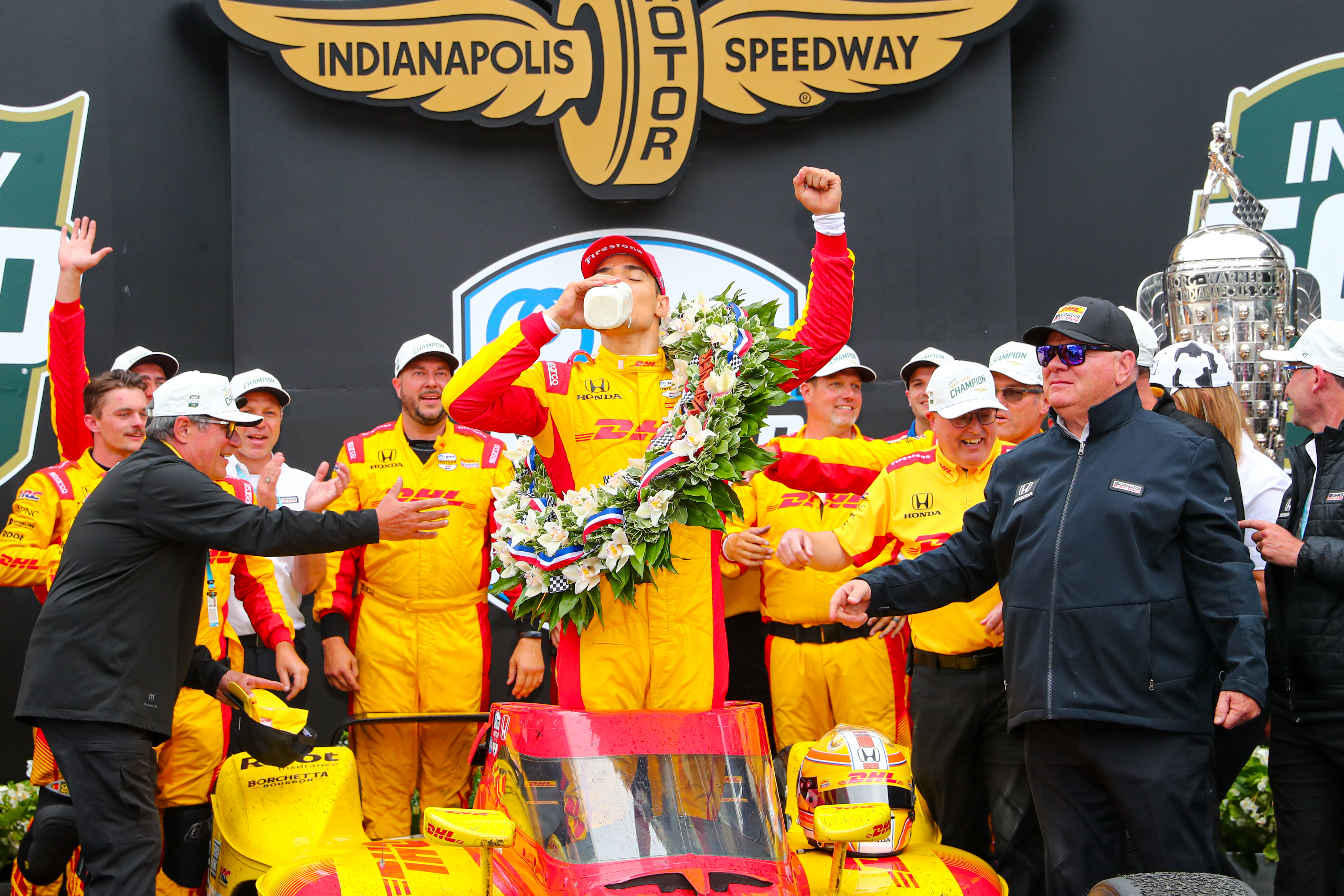 2025 Indy 500 Winner Alex Palou drinks the traditional milk