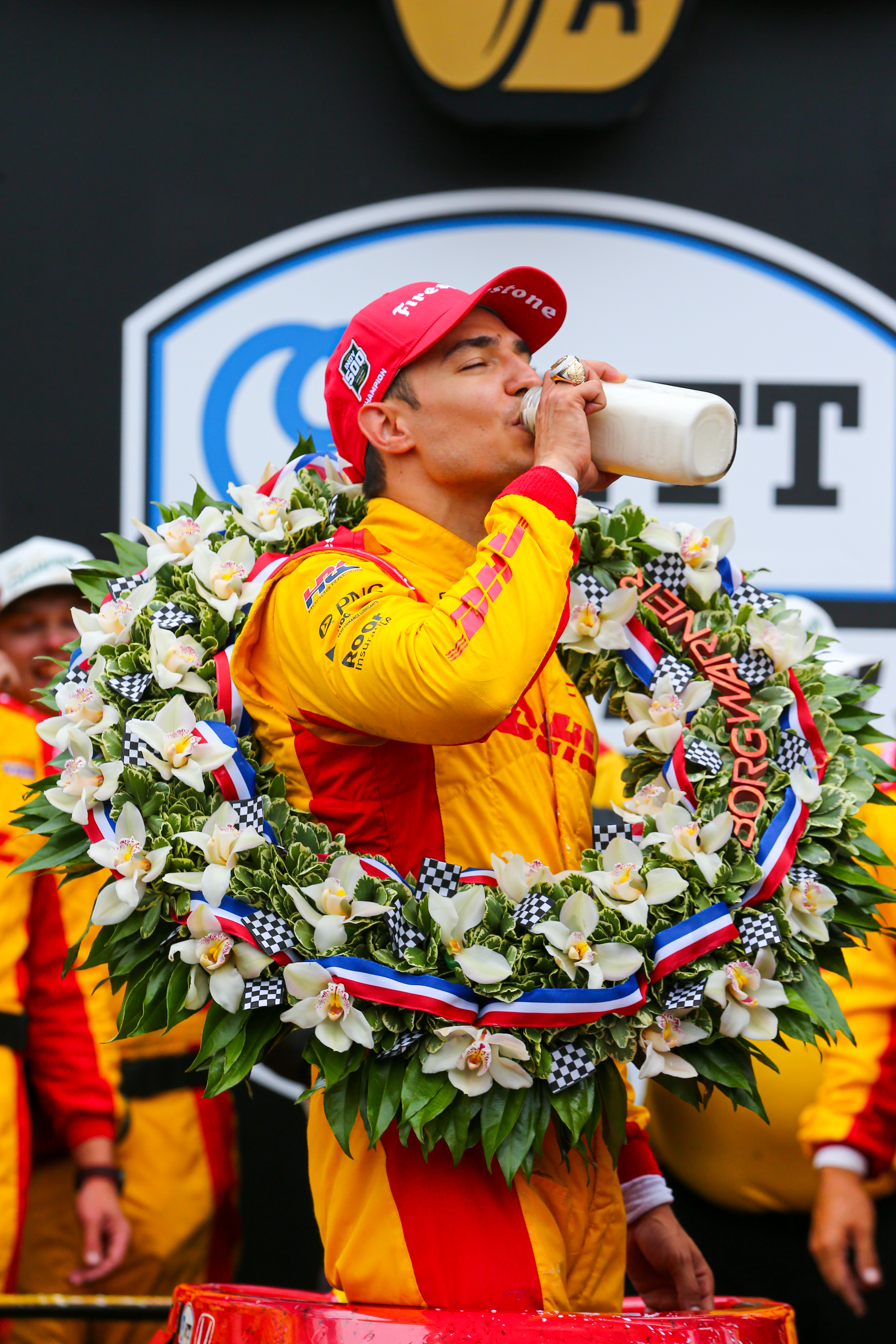 2025 Indy 500 Winner Alex Palou drinks the traditional milk