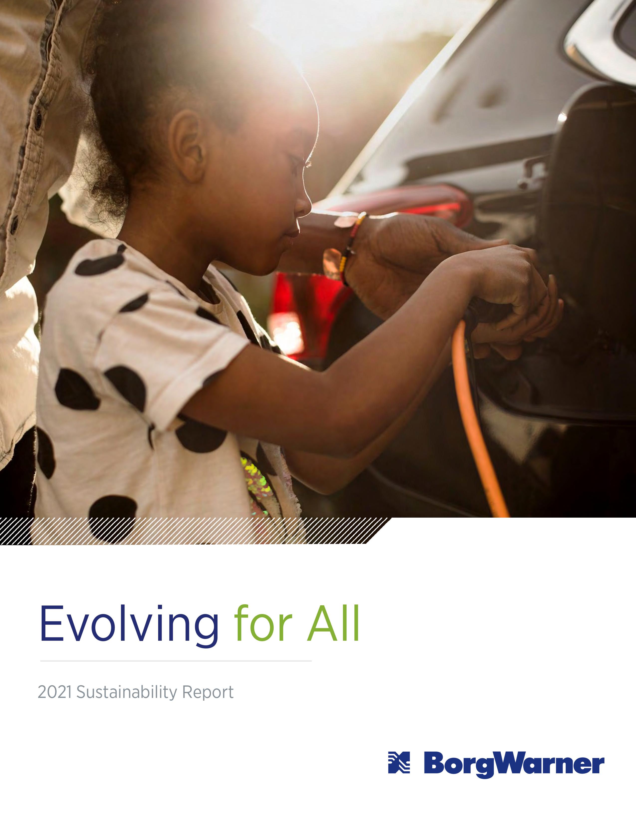 Report cover with image of child charging a black electric vehicle and title "Evolving for All"