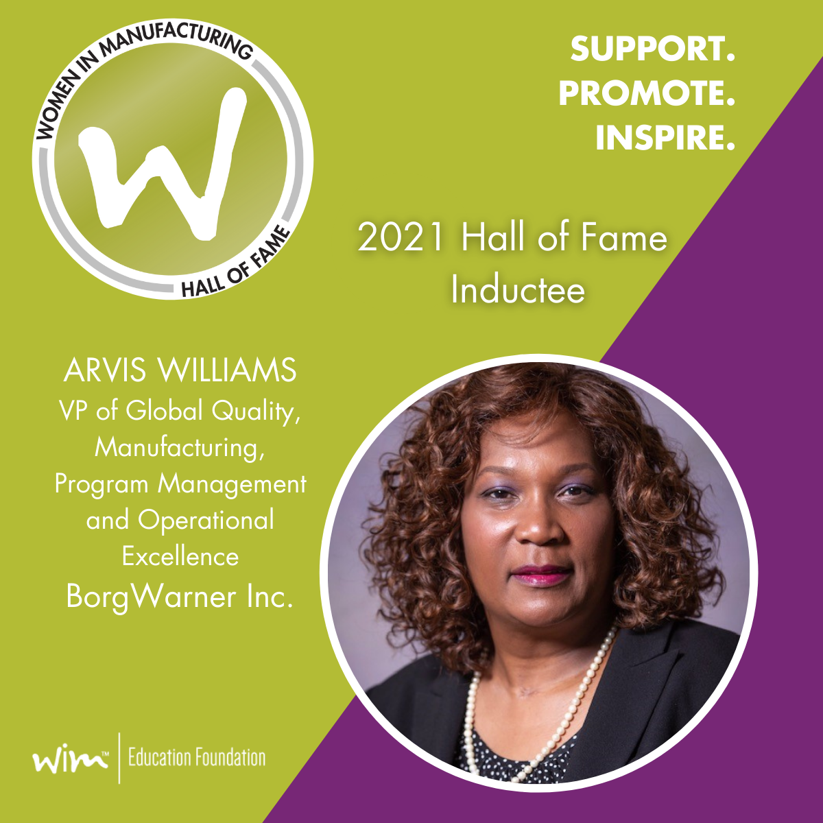 Graphic with headshot of woman against green and purple background with white text and logos