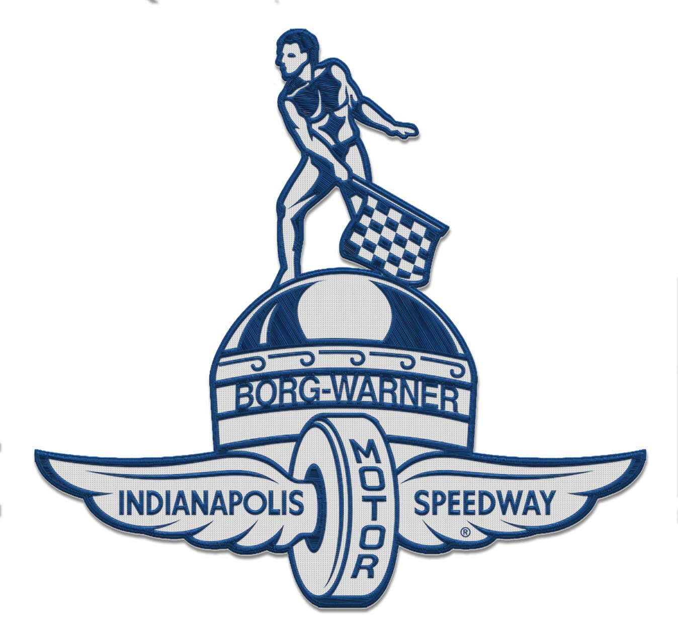 Blue and grey iron on patch of trophy with man waving checkered flag on top