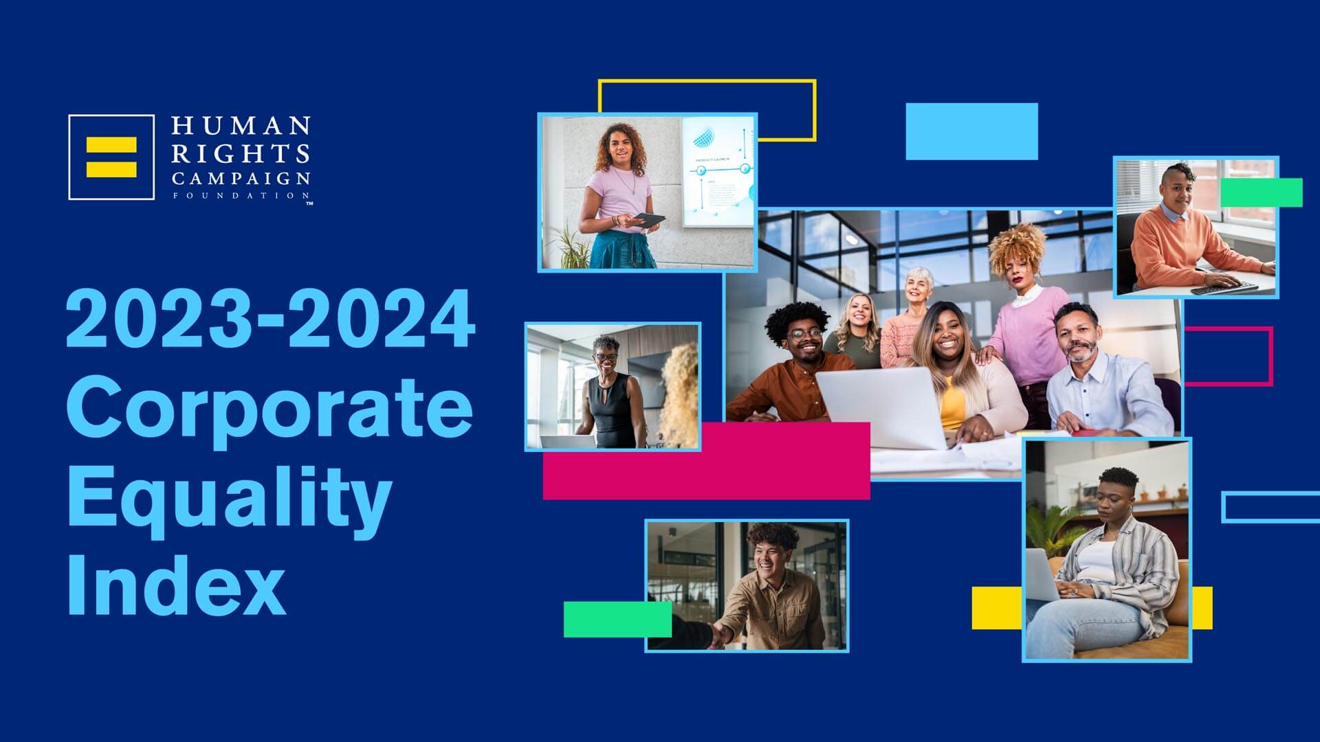 Graphic featuring collage of photos featuring diverse group of people working in an office setting