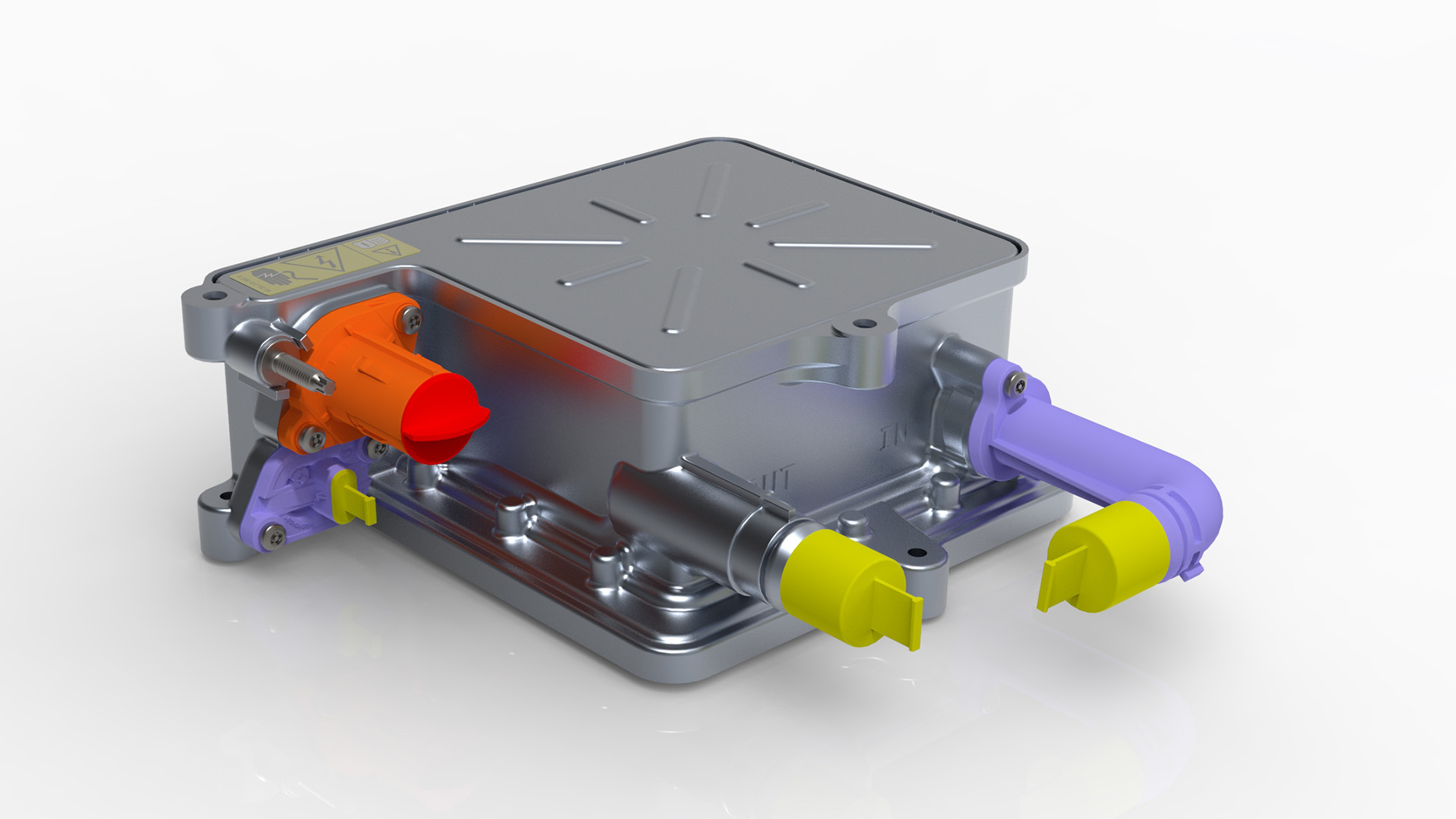 Grey box-like component with bright orange, purple and yellow attachments on white background