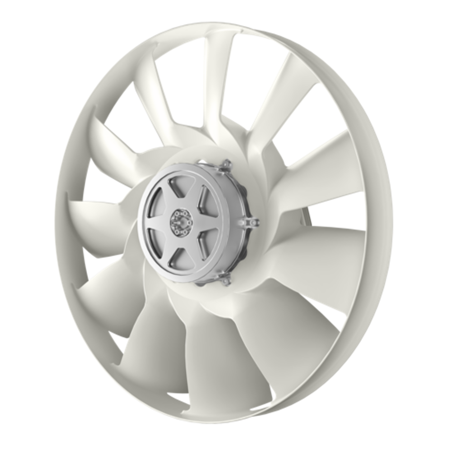 Silver electric fan blade against white background