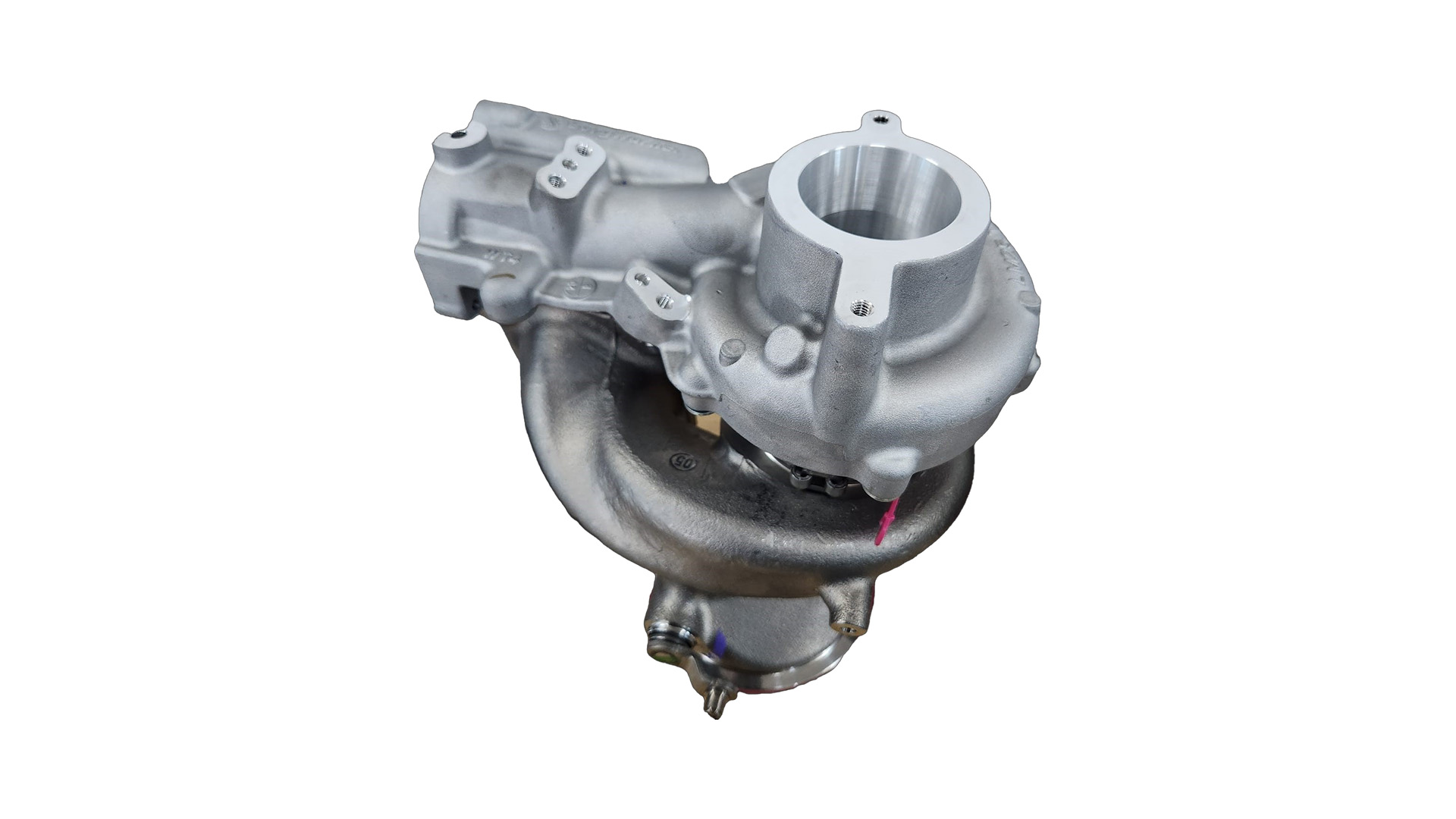 BorgWarner silver wastegate turbo on blank background