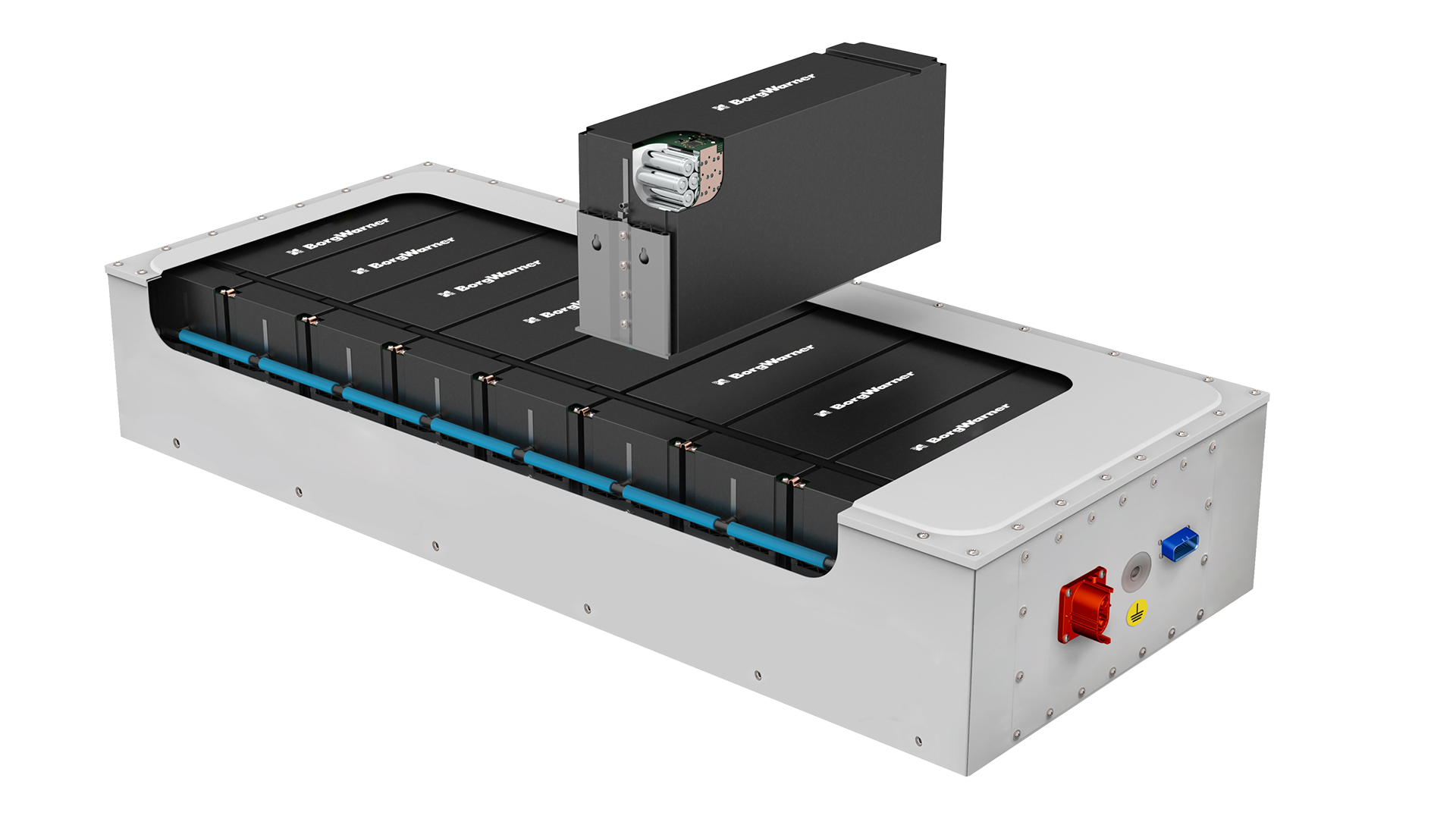 Battery packs inside metal box against white background