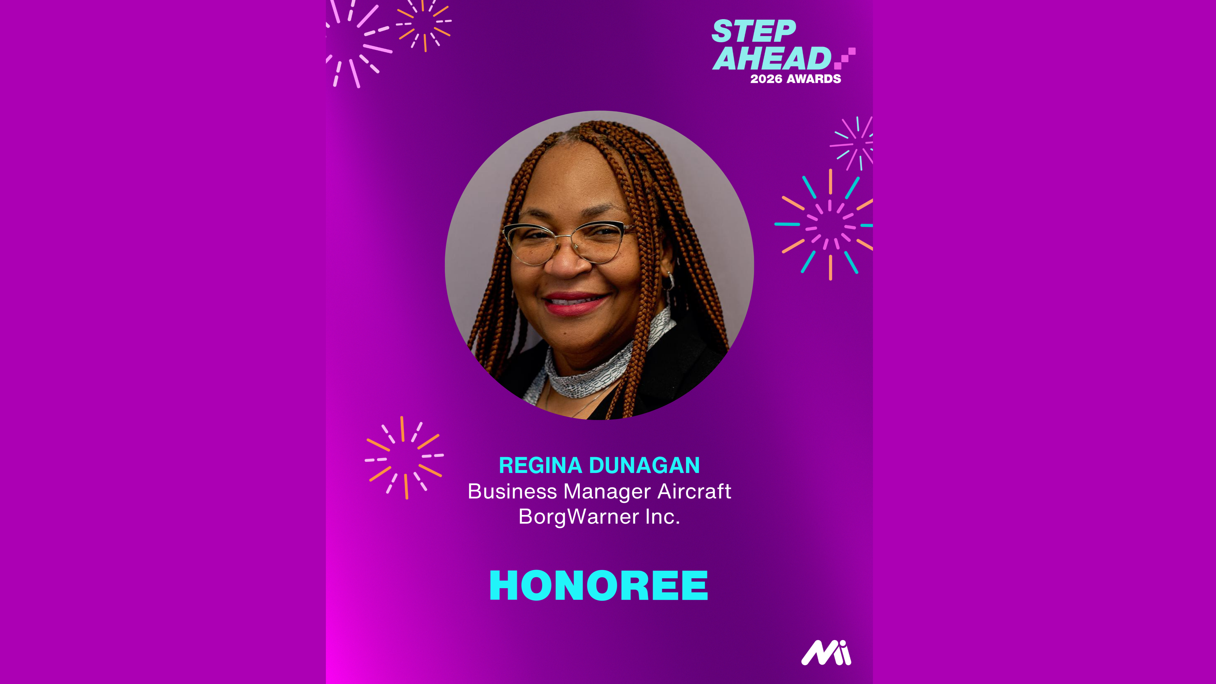Purple graphic with woman's headshot