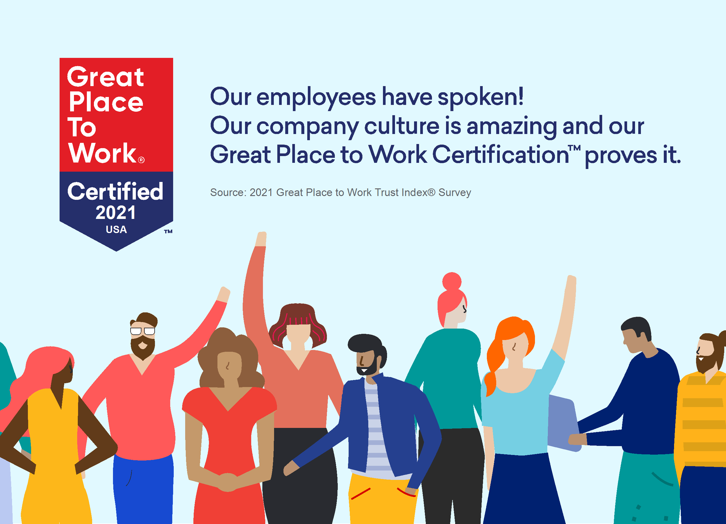 Graphic of Great Place To Work Certification seal along with line of characters celebrating