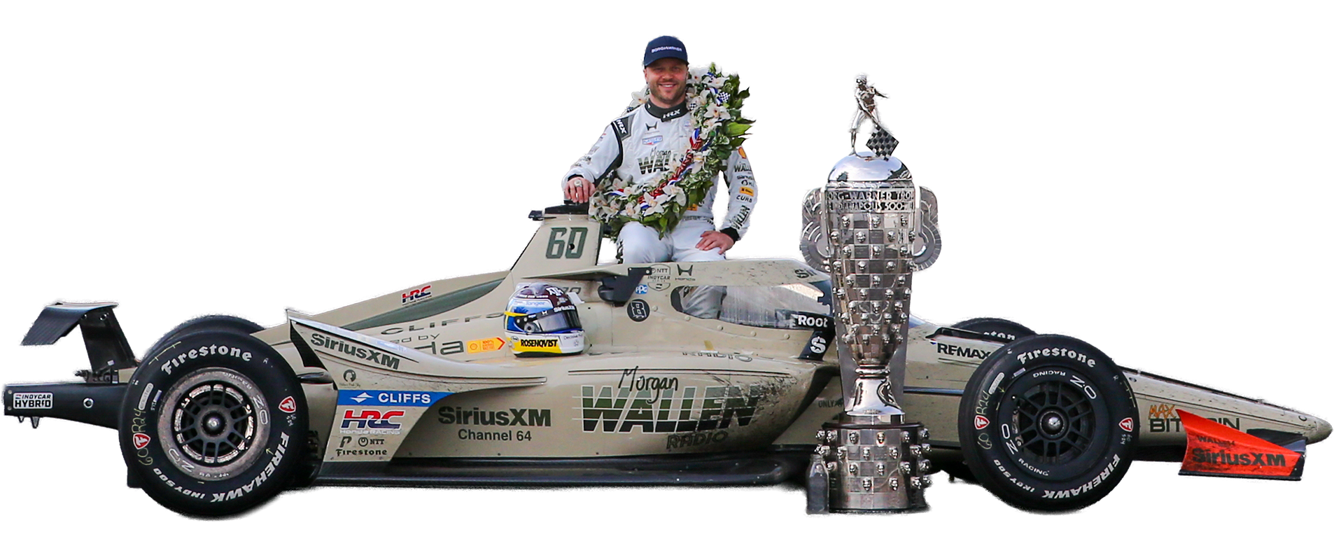IncyCar driver posing with trophy, car and wreath