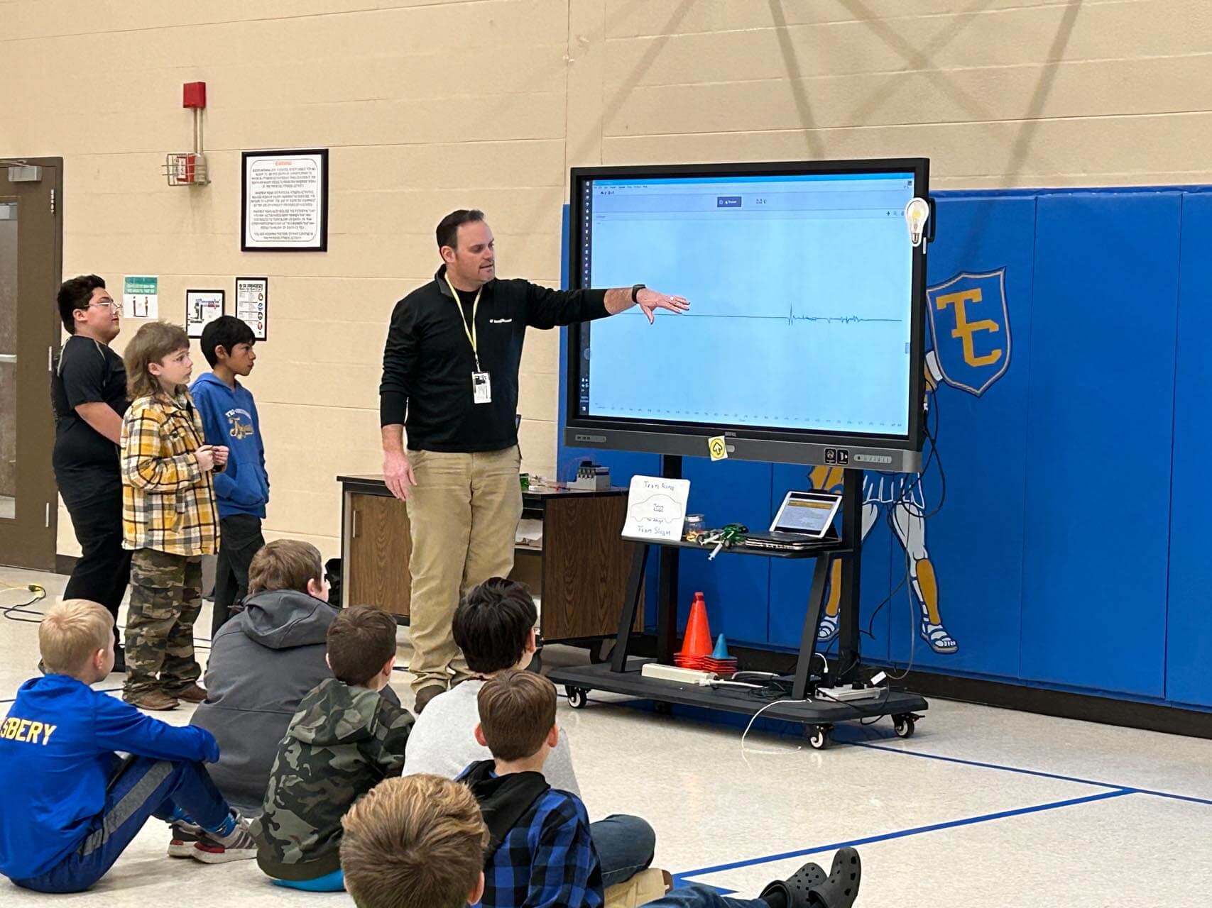 a man standing in front of a large screen with a group of kids