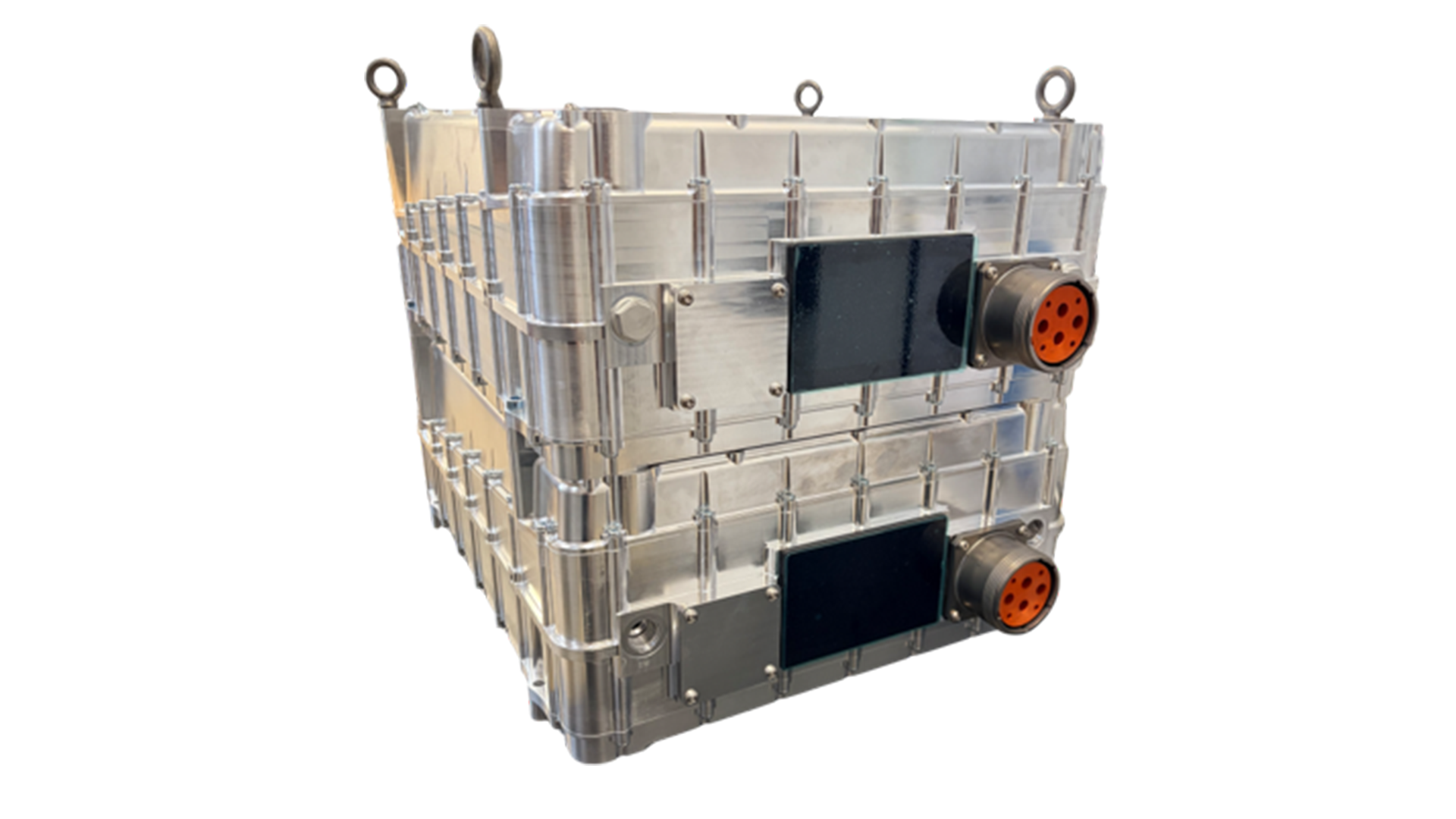 A metallic rectangular device with two black rectangular panels and orange circular connectors on one side