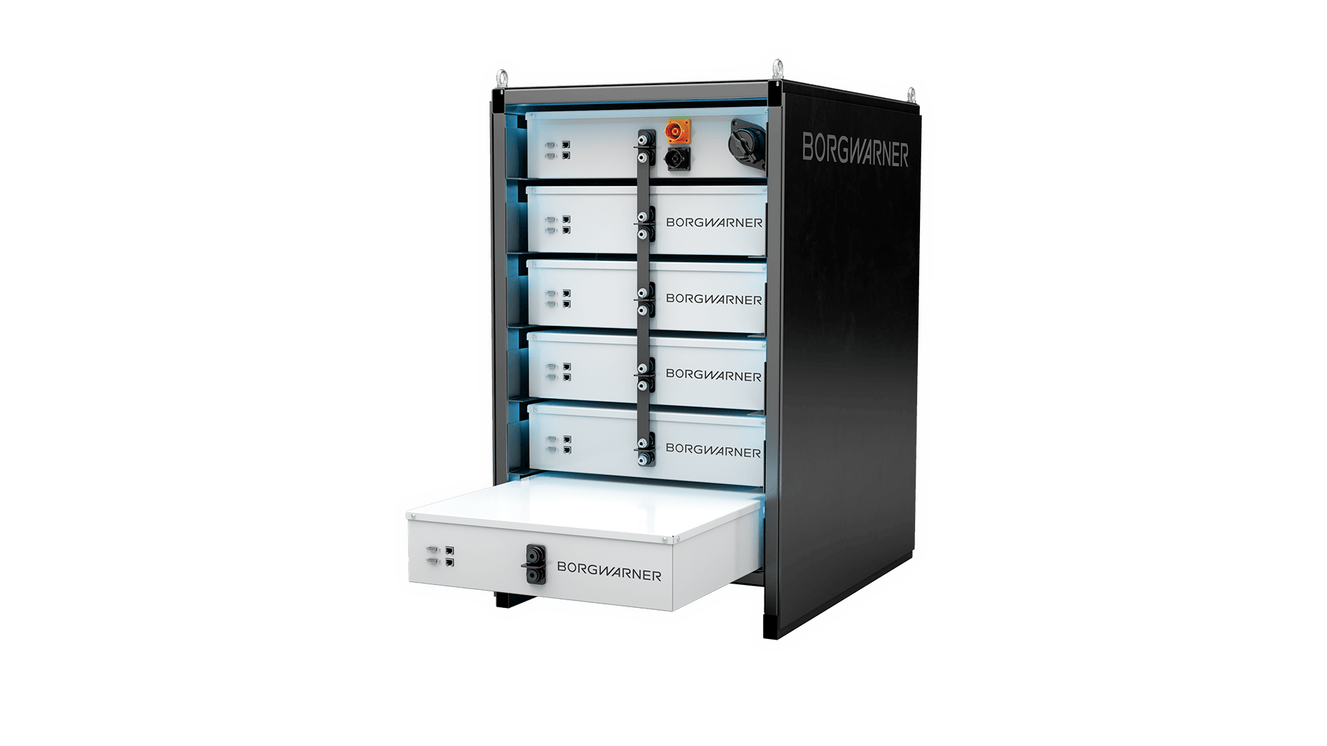 A black and white cabinet featuring multiple battery racks