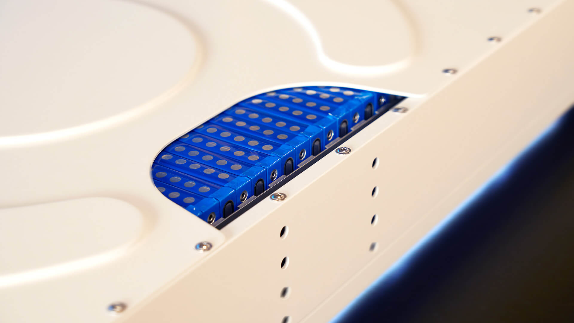 a closeup of the battery cells inside a large housing